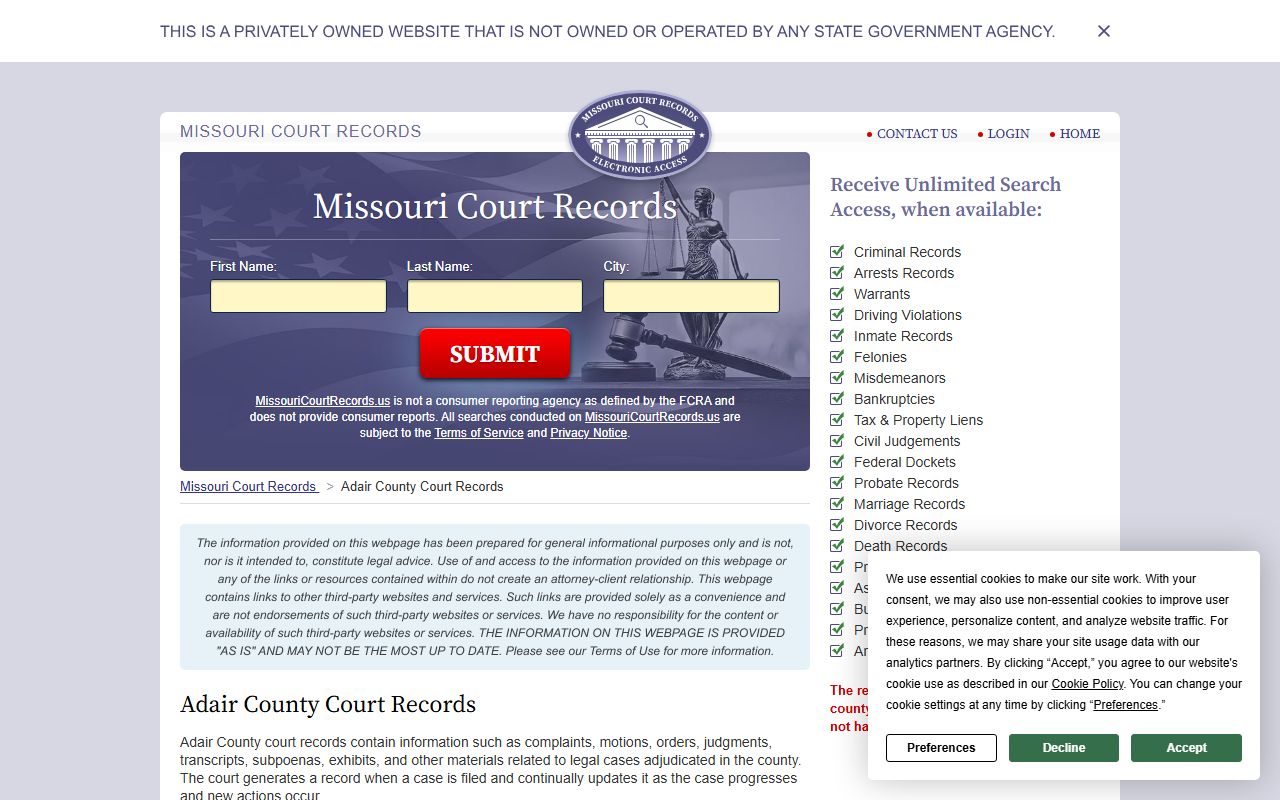 Adair County Missouri divorce records court records portal