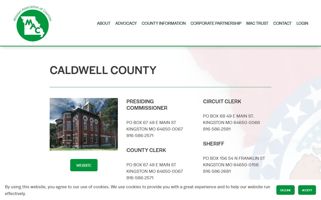 Missouri Association of Counties page showing Caldwell County Circuit Clerk contact information for divorce records