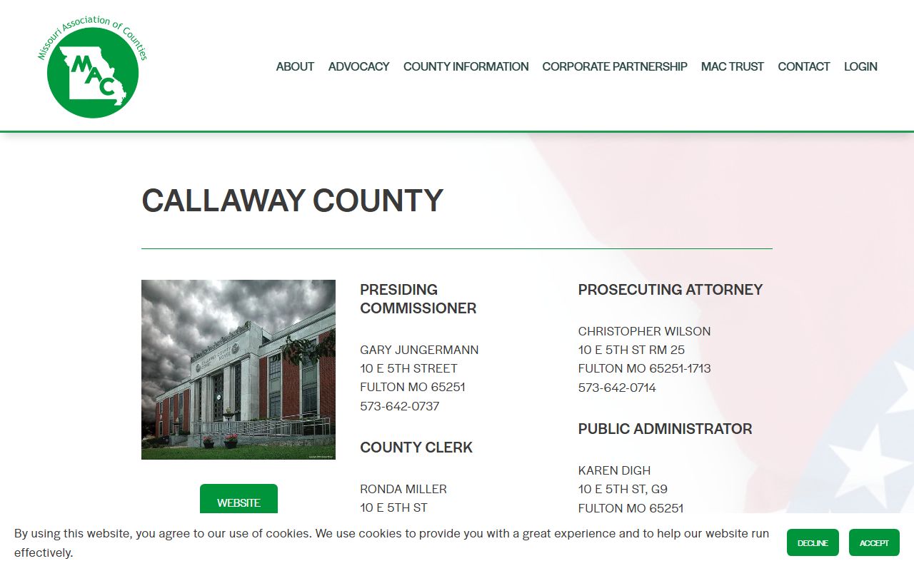 Missouri Association of Counties listing for Callaway County Circuit Clerk divorce records office in Fulton