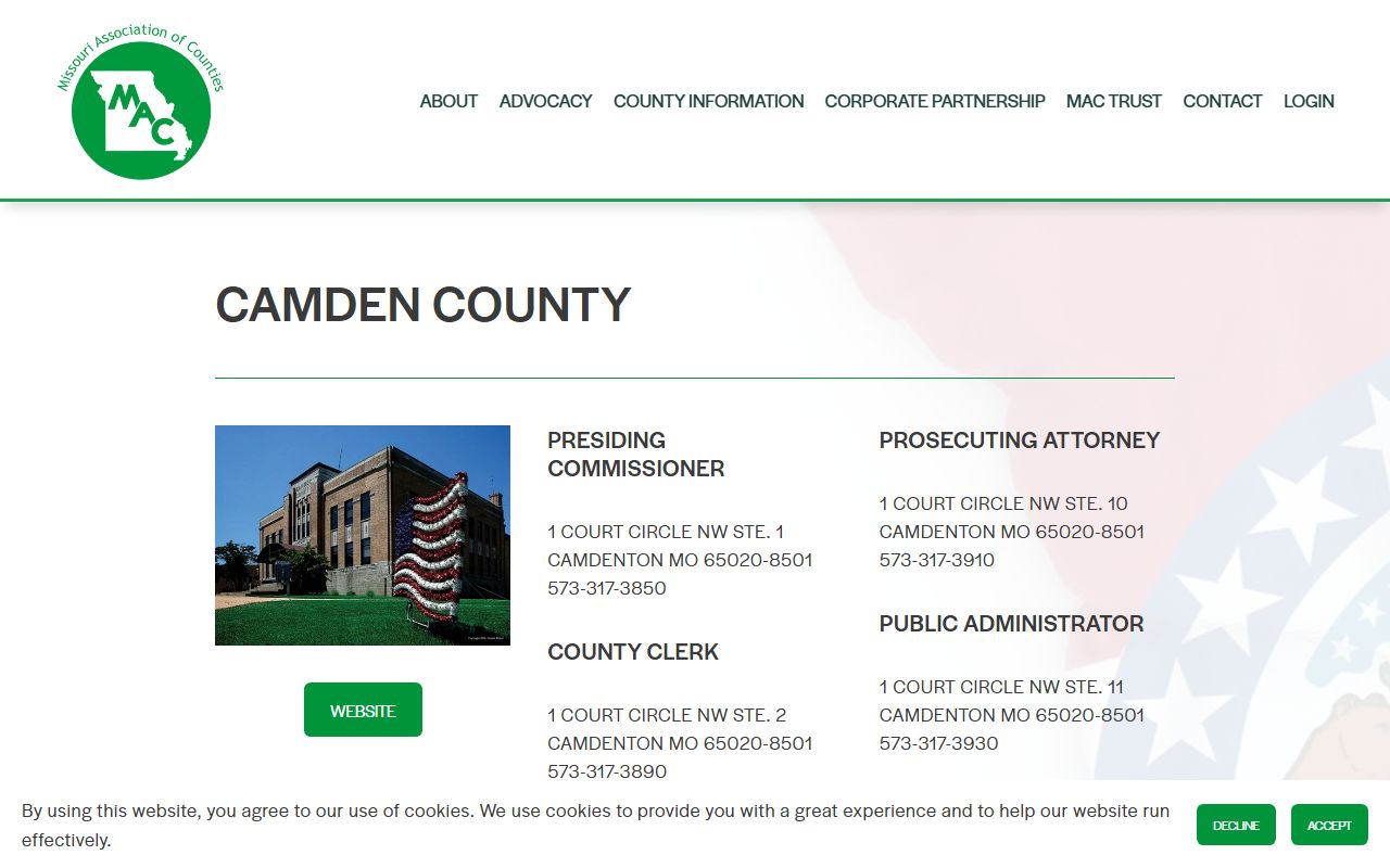 Missouri Association of Counties directory for Camden County Circuit Clerk and divorce records offices in Camdenton