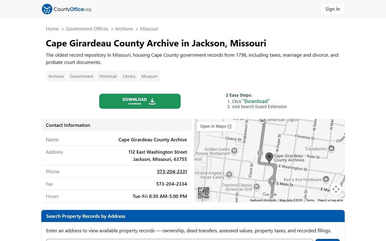 Cape Girardeau County Archive information page showing historical divorce and court records from 1798