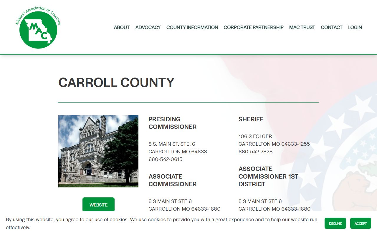 Missouri Association of Counties listing for Carroll County Circuit Clerk and divorce records office in Carrollton