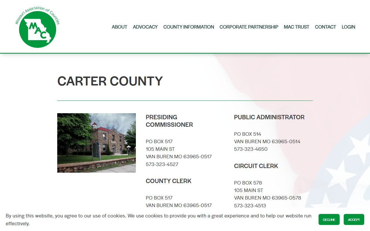 Missouri Association of Counties page showing Carter County Circuit Clerk contact details for divorce records in Van Buren