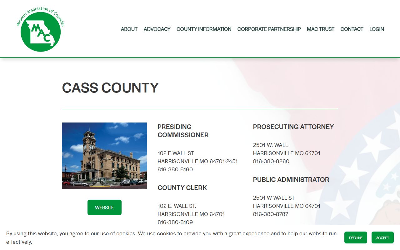 Missouri Association of Counties directory showing Cass County Circuit Clerk contact information for divorce records