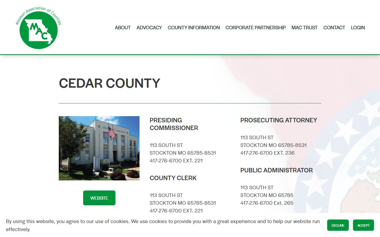 Missouri Association of Counties page for Cedar County Circuit Clerk and divorce records in Stockton
