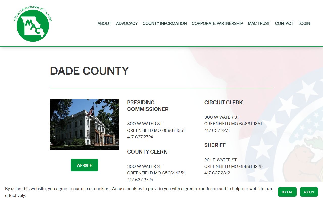 Dade County Missouri officials directory for divorce record requests