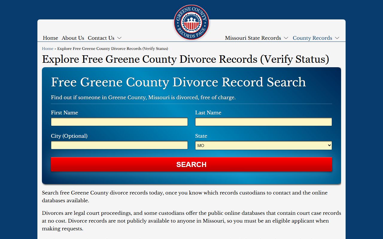 Greene County Missouri Circuit Clerk divorce records request page