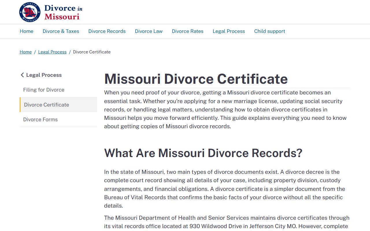 Reynolds County Missouri divorce certificate information page