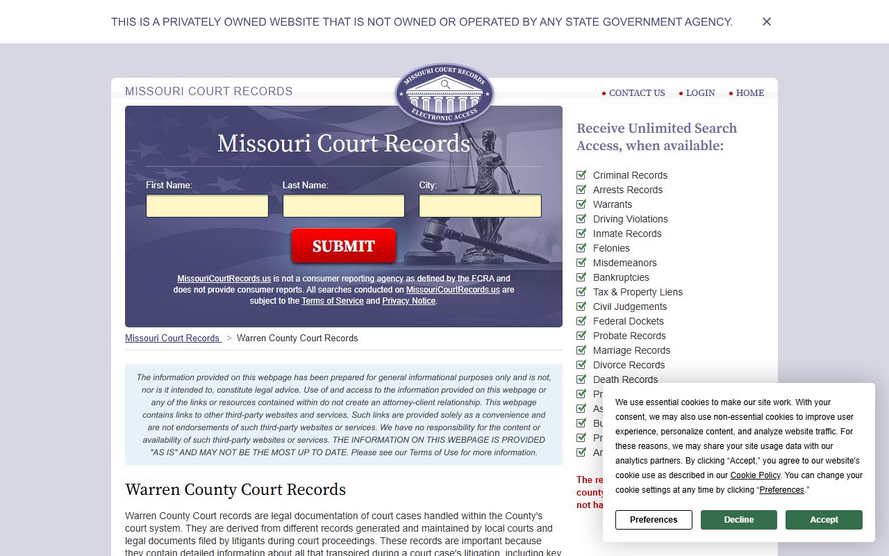 Warren County Missouri court records portal for divorce case search