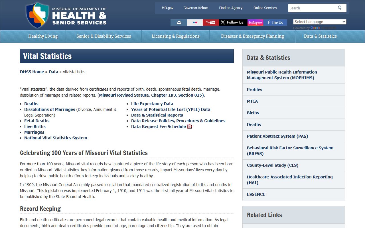 Missouri Department of Health vital records page for St. Charles divorce certificates
