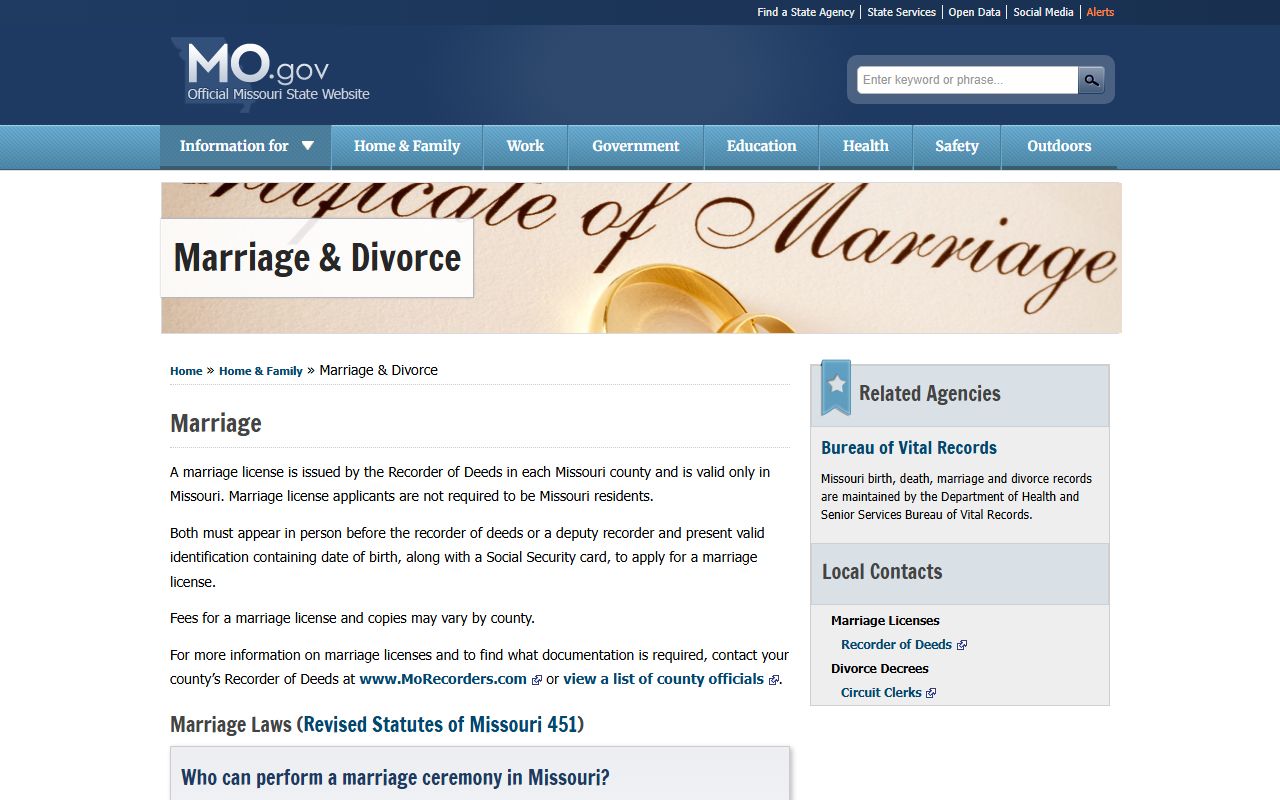 Missouri court forms page showing divorce and dissolution forms