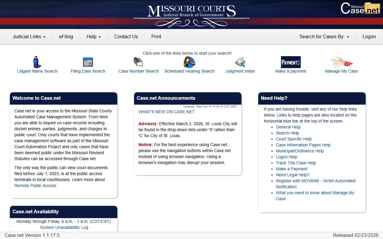 Missouri Case.net portal for searching divorce records online