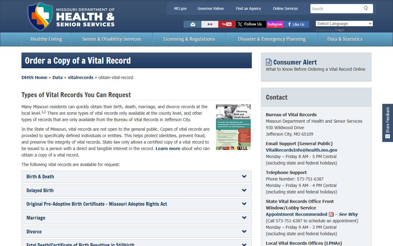 Missouri Bureau of Vital Records divorce verification ordering page